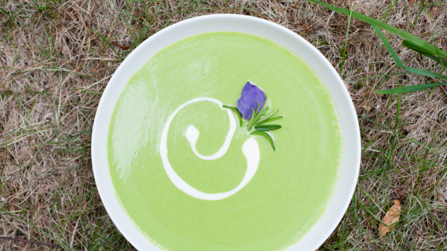 Miętowa zupa z zielonym groszkiem i grzankami